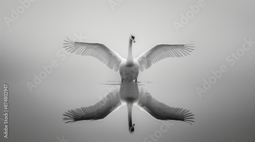 Fototapeta Naklejka Na Ścianę i Meble -  black and white photo of a swan with wings spread, standing on water, reflection in the style of digital minimalism