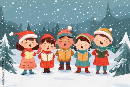 Kids singing carols, snowy evening, cheerful customs, flat design illustration