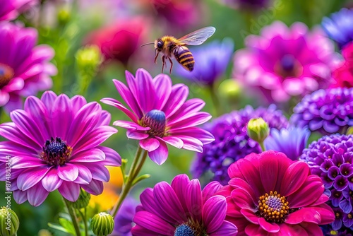 Vibrant purple and pink flowers burst with color in a lush garden, as a busy bee hovers above a delicate petal, capturing summer's sweet serenity.