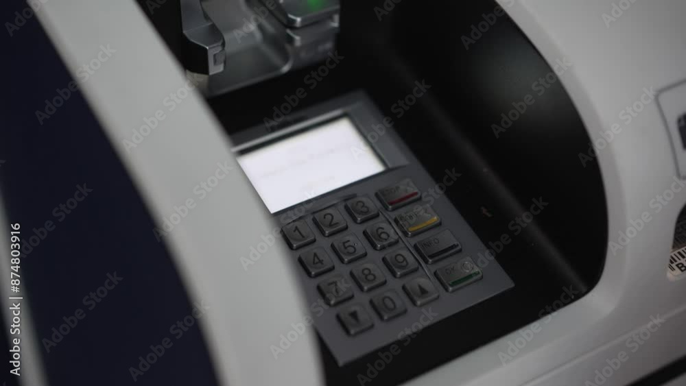 A person is engaging in the manual entry of a PIN code at an ATM machine for authentication A person is engaging in the manual entry of a PIN code at an ATM machine for authentication