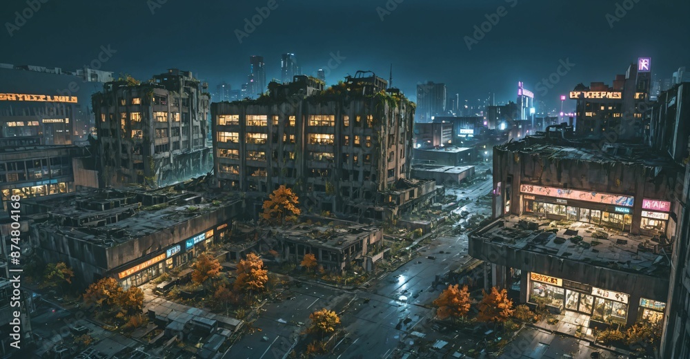 Obraz premium abandoned city town wasteland in autumn at night. rotting old buildings and overgrown towers. cars, junk, debris, and rubble.