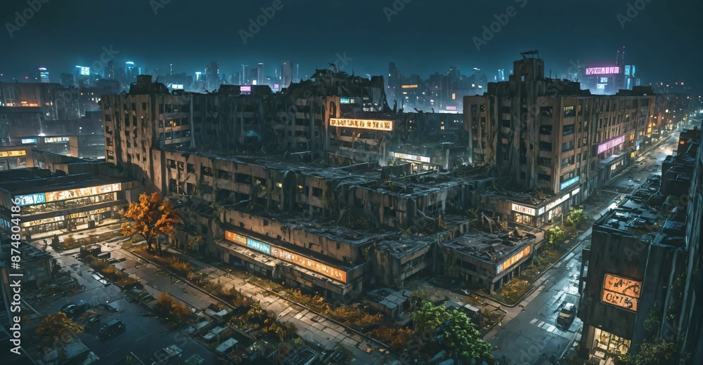 Fototapeta premium abandoned city town wasteland in autumn at night. rotting old buildings and overgrown towers. cars, junk, debris, and rubble.