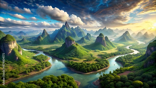 Ancient supercontinent landscape with lush verdant forests, meandering rivers, and towering mountain ranges under a vibrant blue sky with scattered clouds.