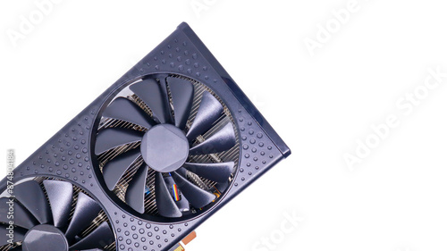Bild auf Leinwand A close-up shot of a black graphics card with two cooling fans isolated on white background, showcasing its intricate design and powerful processing capabilities for computer upgrades