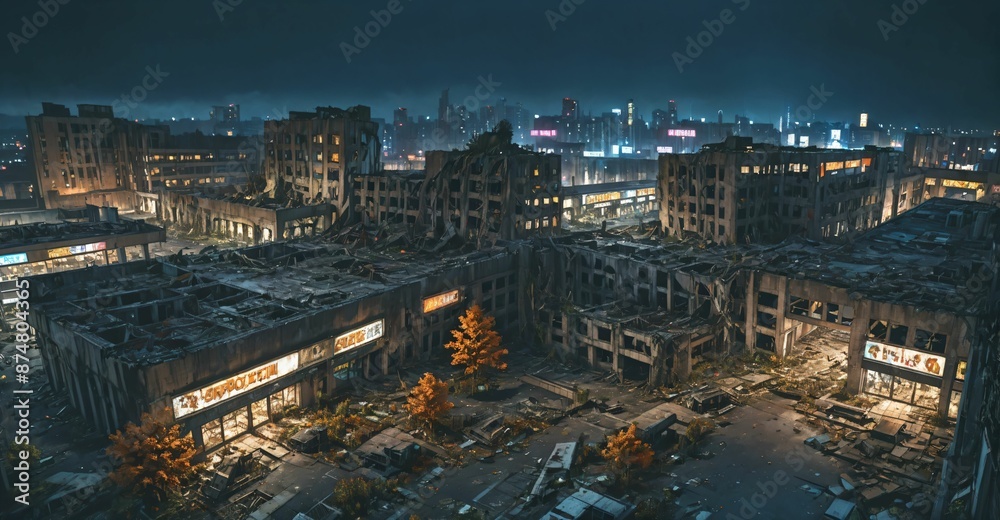 Naklejka premium abandoned city town wasteland in autumn at night. rotting old buildings and overgrown towers. cars, junk, debris, and rubble.