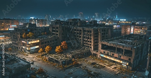 abandoned city town wasteland in autumn at night. rotting old buildings and overgrown towers. cars, junk, debris, and rubble.