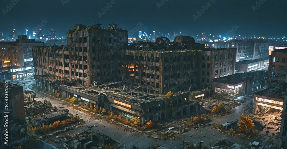 Fototapeta premium abandoned city town wasteland in autumn at night. rotting old buildings and overgrown towers. cars, junk, debris, and rubble.