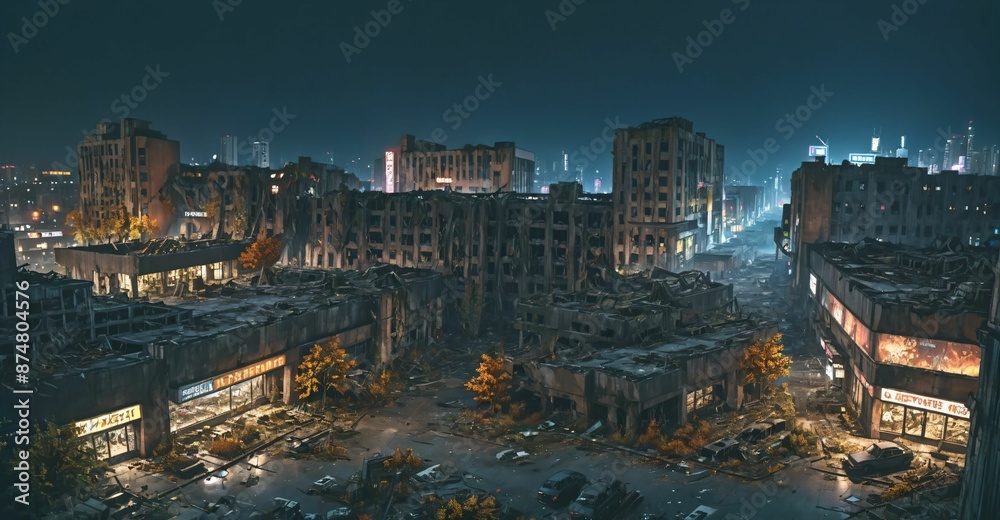 Naklejka premium abandoned city town wasteland in autumn at night. rotting old buildings and overgrown towers. cars, junk, debris, and rubble.