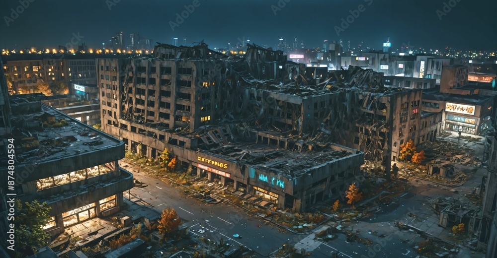 Obraz premium dark dystopian cyberpunk abandoned derelict city buildings parking lot in post apocalyptic aftermath overgrown town at night in autumn fall. neon lights with scattered debris, rubble, and junk.