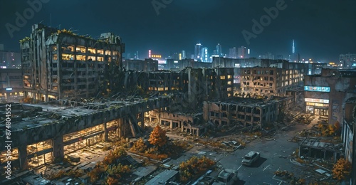 abandoned city town wasteland in autumn at night. rotting old buildings and overgrown towers. cars, junk, debris, and rubble.
