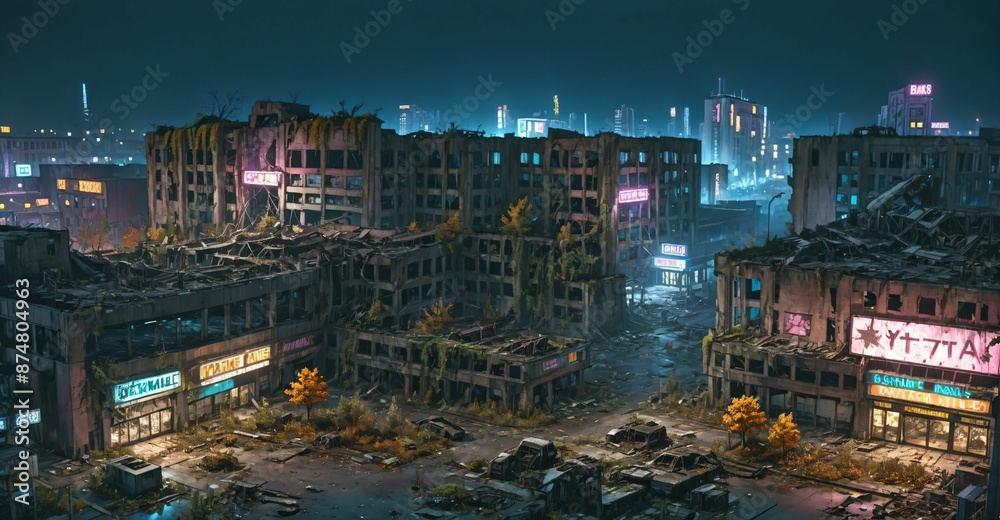 Obraz premium dark dystopian cyberpunk abandoned derelict city buildings parking lot in post apocalyptic aftermath overgrown town at night in autumn fall. neon lights with scattered debris, rubble, and junk.