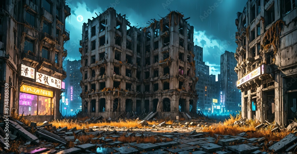 Fototapeta premium dark dystopian cyberpunk abandoned derelict city buildings in post apocalyptic aftermath overgrown town at night in autumn fall. neon lights with scattered debris, rubble, and junk.