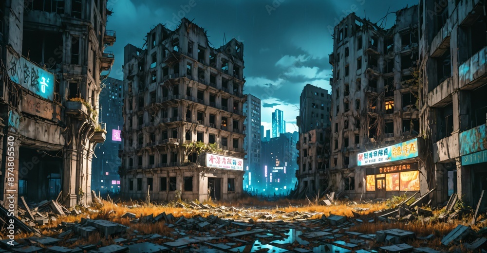 Fototapeta premium dark dystopian cyberpunk abandoned derelict city buildings in post apocalyptic aftermath overgrown town at night in autumn fall. neon lights with scattered debris, rubble, and junk.