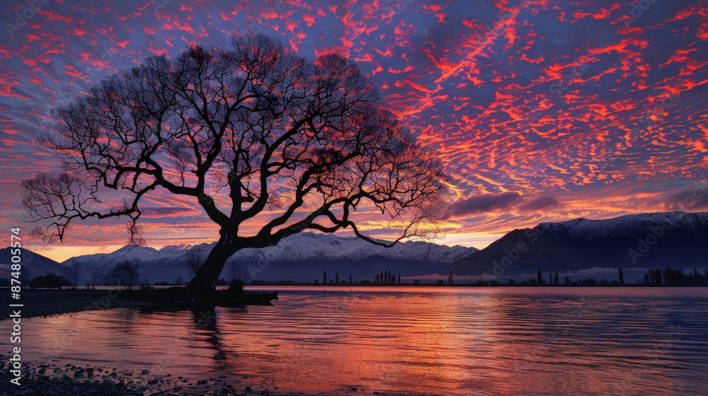 At sunrise, the Wanaka tree stands alone but majestic in Lake Wanaka, its silhouette creating a striking contrast against the dawn sky in Wanaka, New Zealand. At sunrise, the Wanaka tree stands alone but majestic in Lake Wanaka, its silhouette creating a striking contrast against the dawn sky in Wanaka, New Zealand.