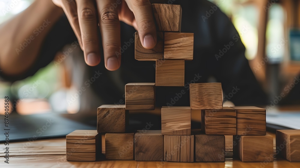 business development and growth success process concept, close up hand arranging wood block stacking, background with copy space. business development and growth success process concept, close up hand arranging wood block stacking, background with copy space.