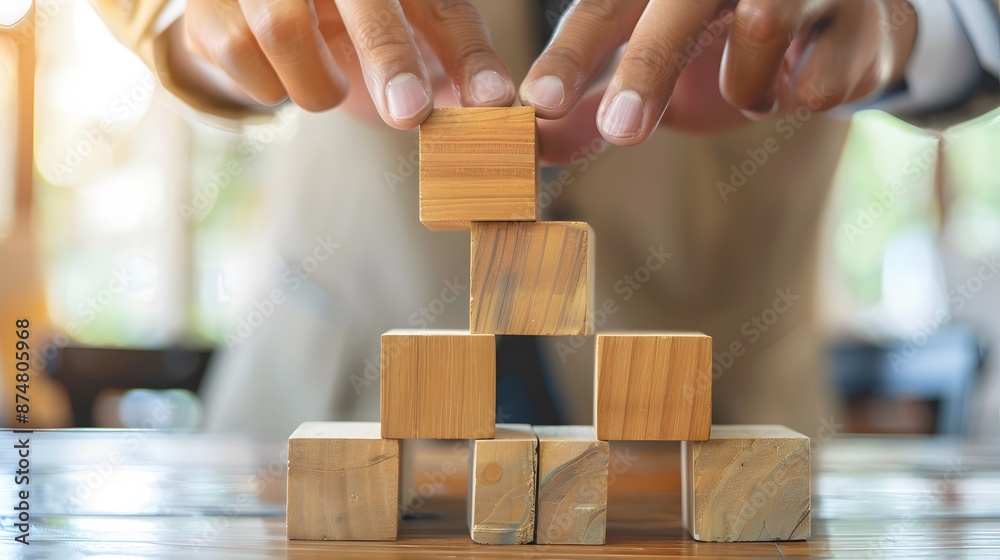 business development and growth success process concept, close up hand arranging wood block stacking, background with copy space. business development and growth success process concept, close up hand arranging wood block stacking, background with copy space.