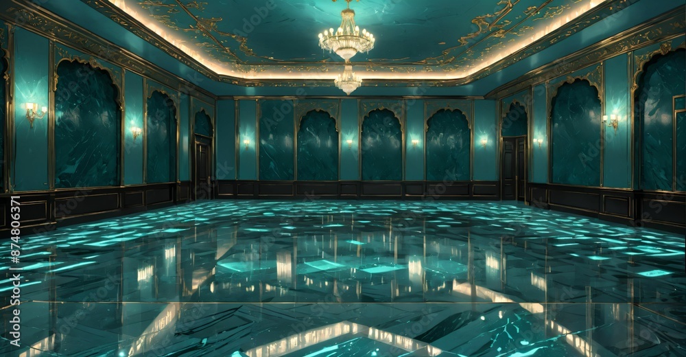 Obraz premium luxury ballroom interior of palace castle mansion with aquamarine turquoise theme embellishments and gothic style iconography. luxury home flooring and ceiling.