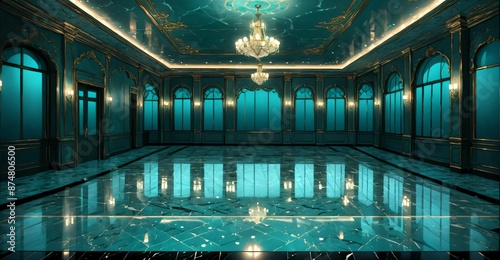 luxury ballroom interior of palace castle mansion with aquamarine turquoise theme embellishments and gothic style iconography. luxury home flooring and ceiling. photo