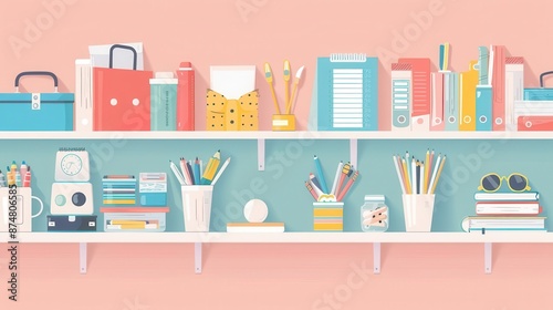 Back to school sale, various supplies on display, flat design illustration