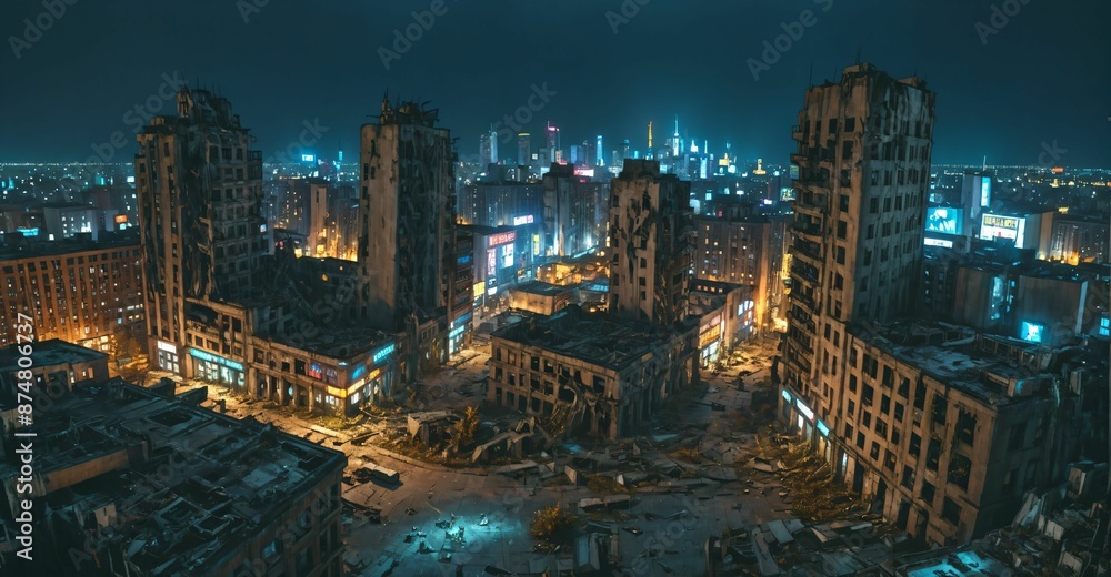 Obraz premium abandoned dystopian cyberpunk city ruins derelict buildings and towers at night. urban town district overgrown building exterior cityscape.