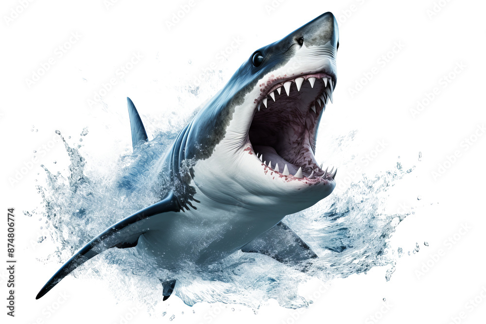Naklejka premium Dynamic shark jumping out of water with splash effect, PNG style transparent background for ocean and marine life designs