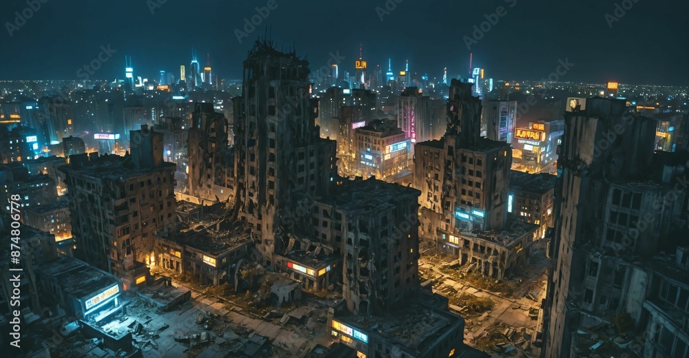 Obraz premium abandoned dystopian cyberpunk city ruins derelict buildings and towers at night. urban town district overgrown building exterior cityscape.
