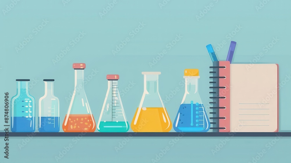 Science class essentials, beakers and notebooks, flat design illustration Science class essentials, beakers and notebooks, flat design illustration
