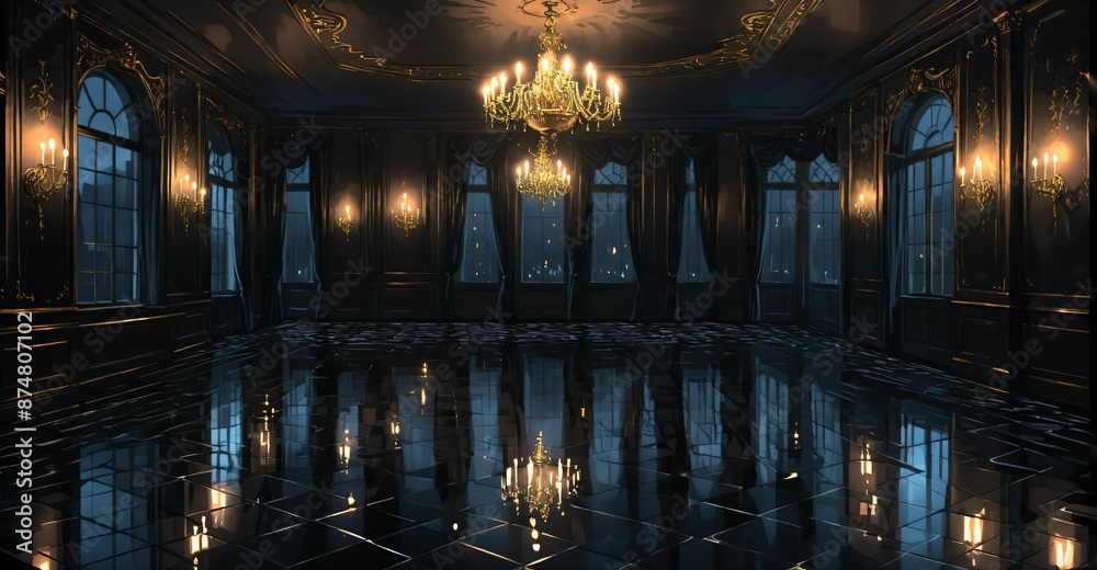 Obraz premium dark ballroom palace mansion castle room interior at night. luxury gothic Victorian decor and design. candlelight lighting with city view out of windows.