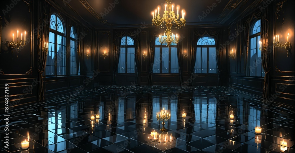 Obraz premium dark ballroom palace mansion castle room interior at night. luxury gothic Victorian decor and design. candlelight lighting with city view out of windows.