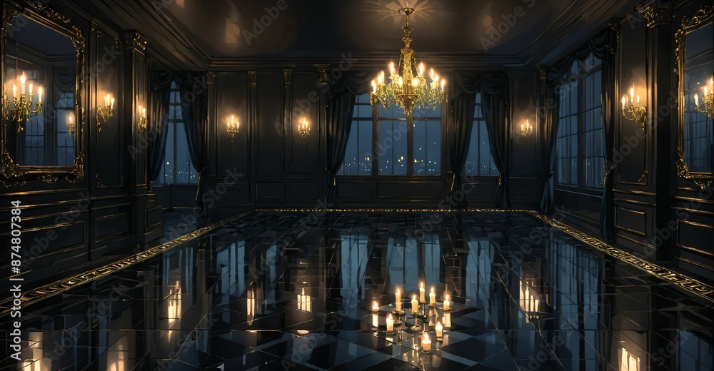 Obraz premium dark ballroom palace mansion castle room interior at night. luxury gothic Victorian decor and design. candlelight lighting with city view out of windows.