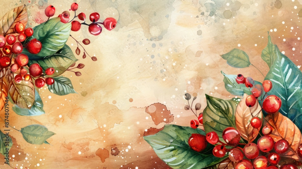 Watercolor autumn berries and leaves on a textured background, ideal for seasonal designs, invitations, and artistic creations. Watercolor autumn berries and leaves on a textured background, ideal for seasonal designs, invitations, and artistic creations.