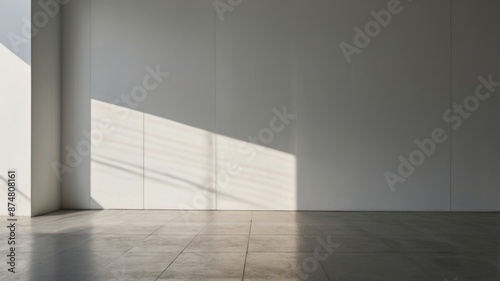 Background for product presentation. Empty room with white walls and wooden floor, sunlight casting shadows through a large window, Concept for architectural and interior design concept. Copy space