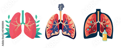three lung conditions, healthy, affected by cigarettes and alcohol, symbol, on a white background, World Abstinence Day, August 1, fight cancer,