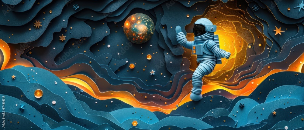 Paper cut astronaut floating in space with Earth in the background. Paper cut astronaut floating in space with Earth in the background.