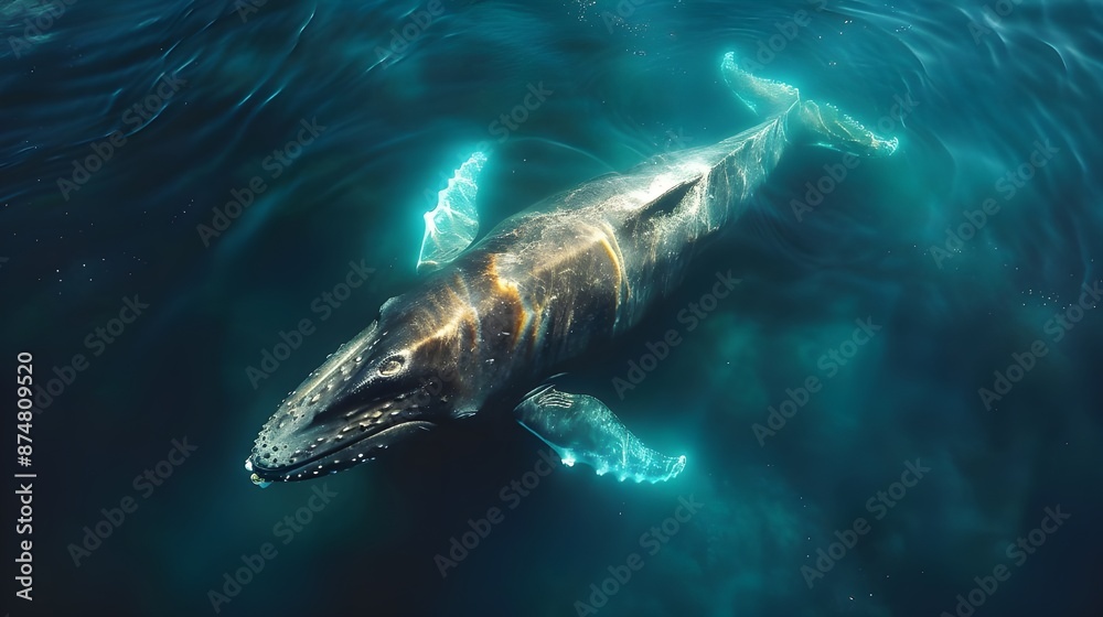 Fototapeta premium Majestic large whale swimming in open ocean waters. Wildlife. Marine life. Aquatic. Oceanic, A humpback whale gracefully swims in the ocean with sun rays penetrating the water