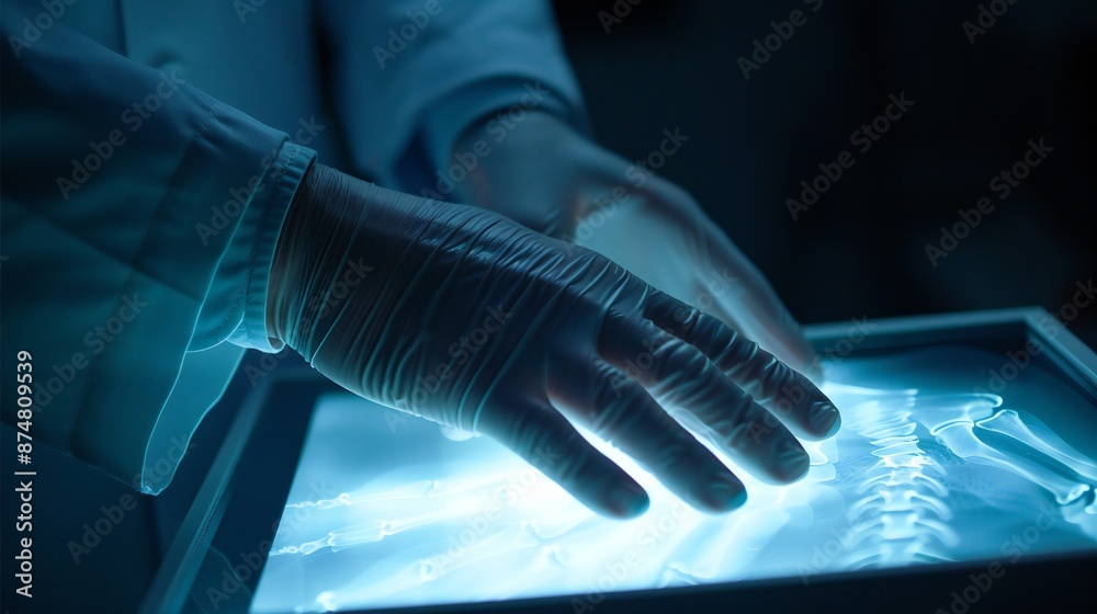 doctora??s hand on X-ray image viewer.. doctora??s hand on X-ray image viewer..