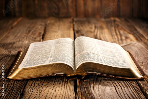 An open book with highlighted passages sits on a rustic wooden surface. The book appears to be a Bible