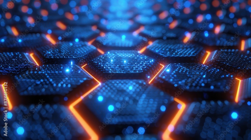 Abstract 3D Hexagon Pattern with Glowing Blue and Orange Lights Abstract 3D Hexagon Pattern with Glowing Blue and Orange Lights
