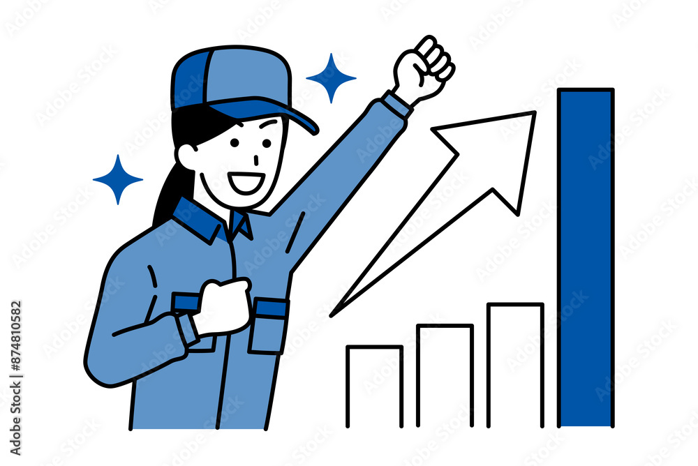 成長するグラフとガッツポーズで喜ぶつなぎ作業服の女性