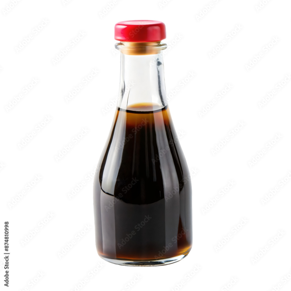 A clear glass bottle filled with soy sauce sits alone on a white background A clear glass bottle filled with soy sauce sits alone on a white background