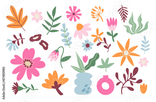 Flower collection with leaves, flower bouquets. Vector flowers. Spring art print with botanical elements. Posters for the spring holiday. Icons isolated on a white background.