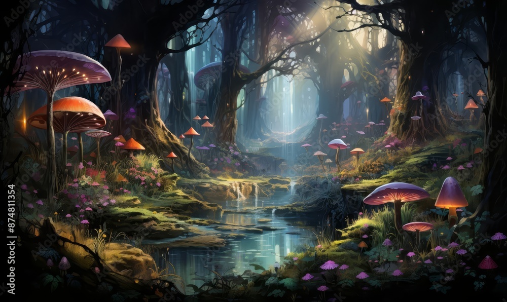 An enchanted garden with magical flowers that glow and whimsical fairies flitting between the leaves An enchanted garden with magical flowers that glow and whimsical fairies flitting between the leaves