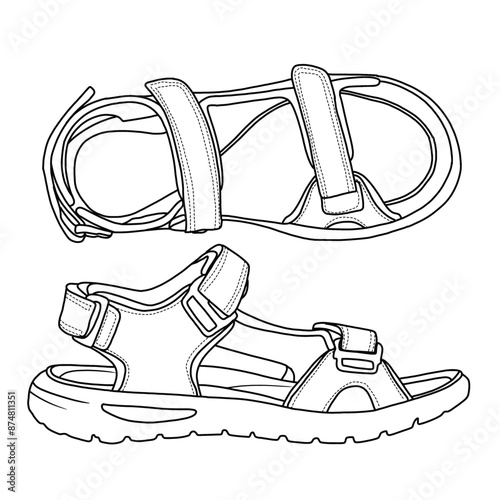 Women's Summer Waterproof Hiking Sandals Sport Athletic Open Toe Sandals for Outdoor Beach Travel Line art, Technical sketch hand drawing outline vector doodle illustration isolated on white