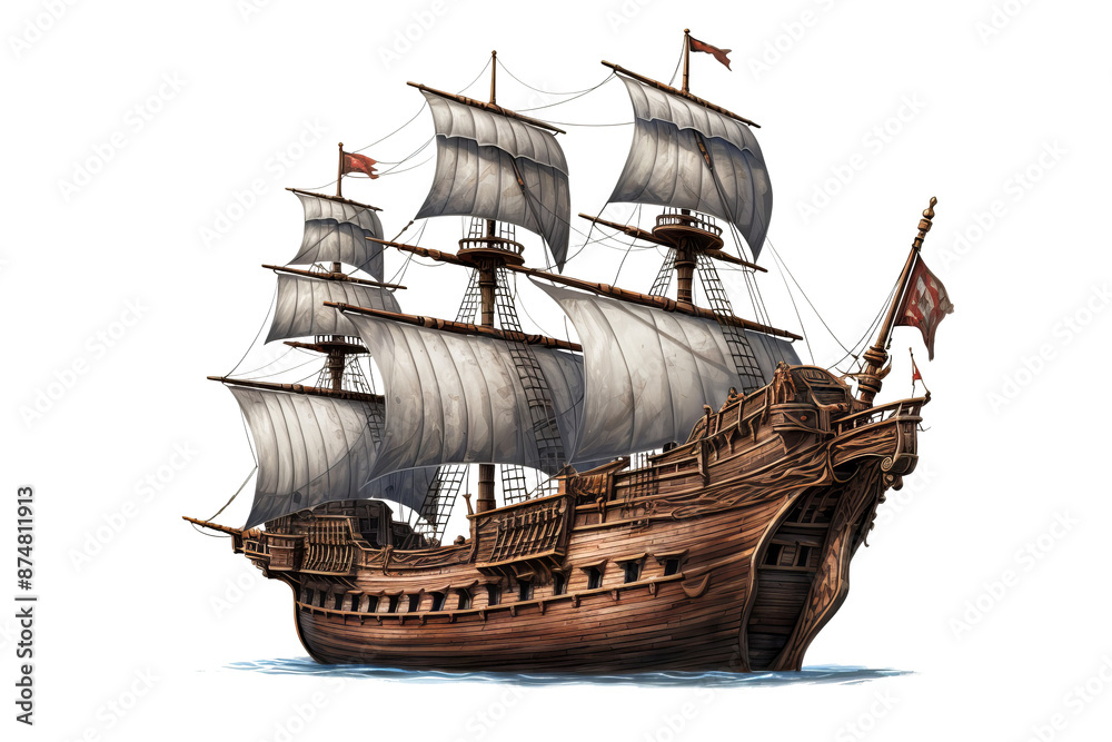 Fototapeta premium Ancient pirate ship illustration in PNG style with transparent background for nautical and maritime-themed designs and projects