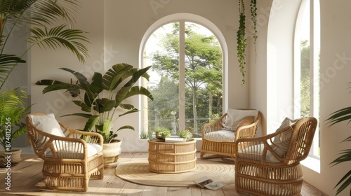 Home interior mockup with rattan furniture