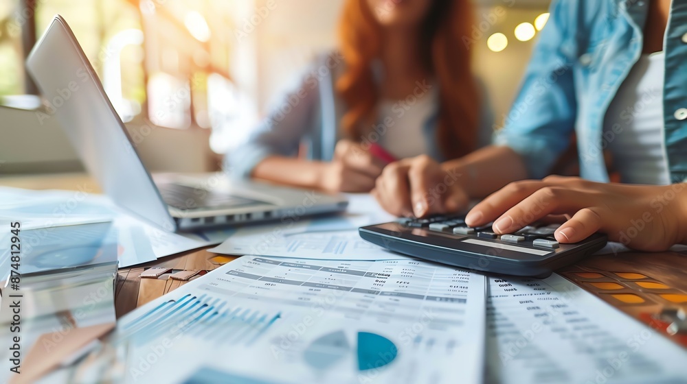 Business team analyzing financial data and using a calculator for accounting. Focused on paperwork with charts and laptop. Business team analyzing financial data and using a calculator for accounting. Focused on paperwork with charts and laptop.