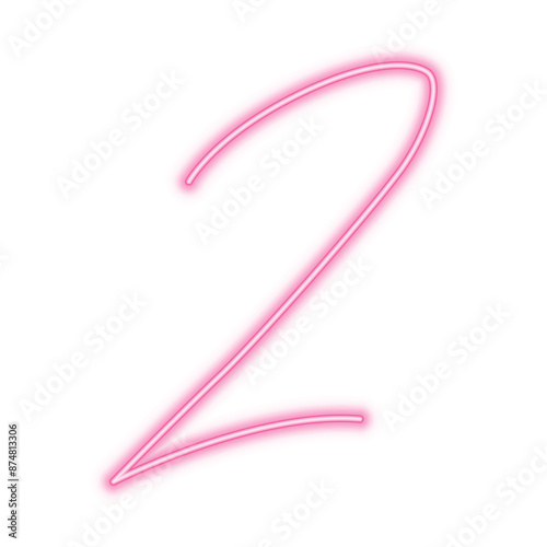 Illustration of neon number. Pink luminous number 2 isolated on transparent background.