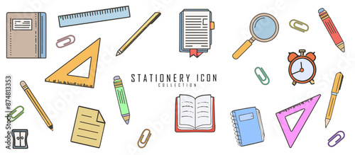 Colorful icon stationery tools. Symbols set, flat graphics: pencils, books and notebooks for office, business and school. Logo idea.