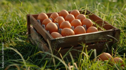 Fresh Chicken Eggs In A Wooden Tray After Being Laid In A Pile Of Grass, Evoking A Rustic, Countryside Feel