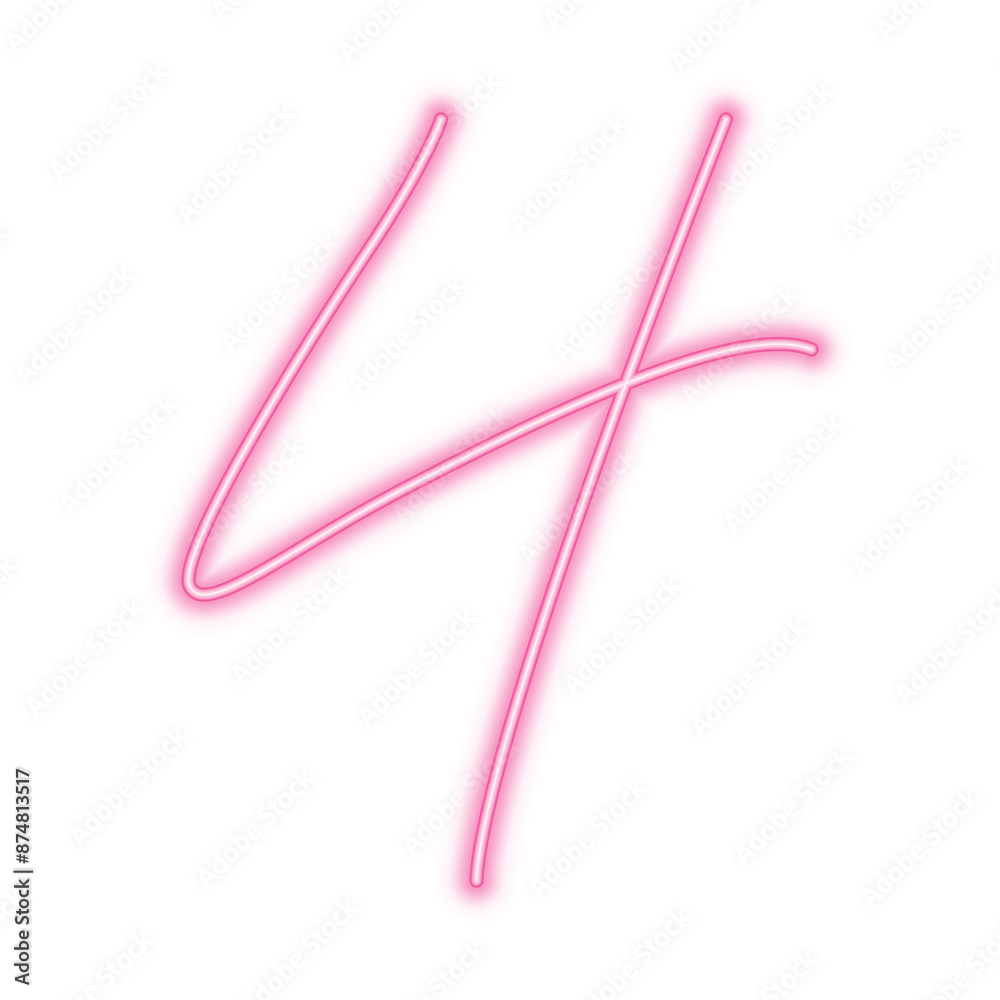 Illustration of neon number. Pink luminous number 4 isolated on transparent background.